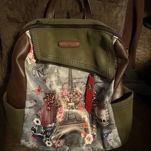 Nicole Lee Green and Brown Backpack with Parisian Print